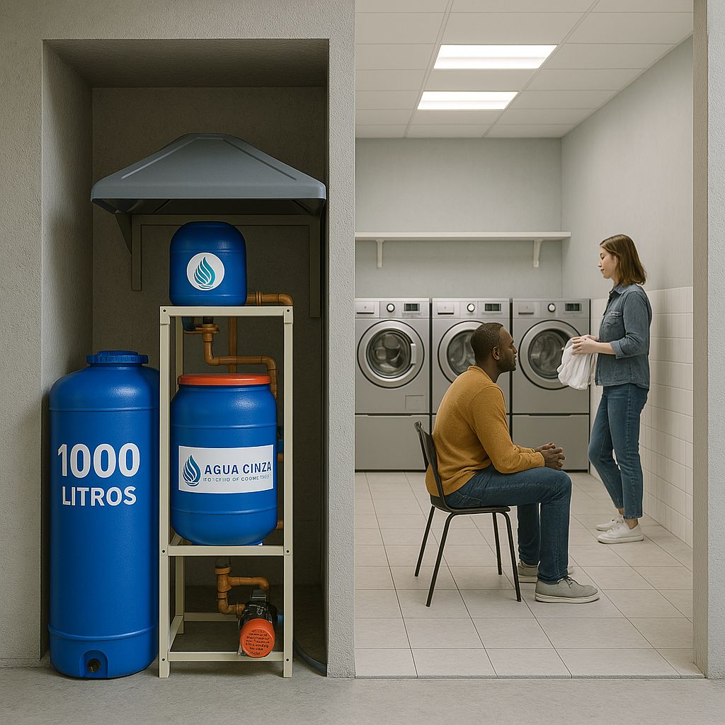 Estação de Tratamento de Água Cinza (ETAC) Compacta instalada na área técnica de um condomínio.