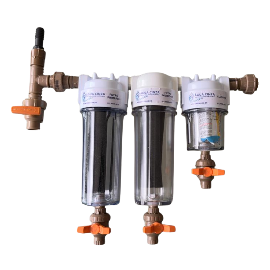 Sistema de filtragem Água Cinza para máquina de lavar: Filtro Primário, Filtro Polimento e Clorador em linha, com válvulas de controle.